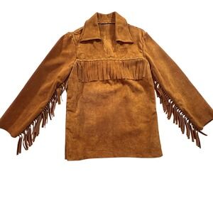 Vintage Handmade Brown Suede Leather Fringe Western Pullover Top Boho Festival S